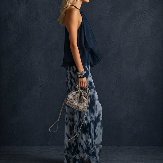 Lucía - elegante conjunto de chiffon con top de cuello alto y pantalón ancho estampado