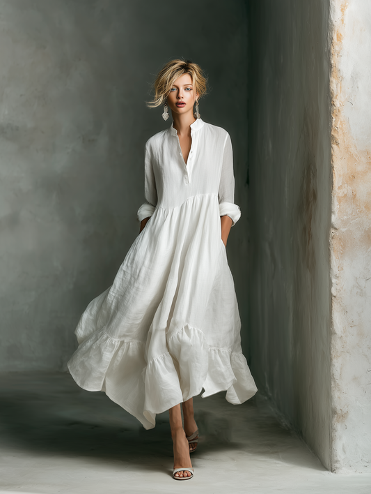 Lucía | Vestido Maxi Blanco con Mangas Largas y Volantes