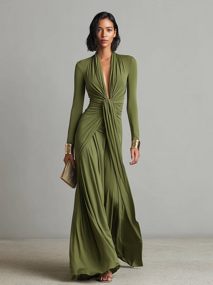 Isabella | Vestido largo verde oliva de seda