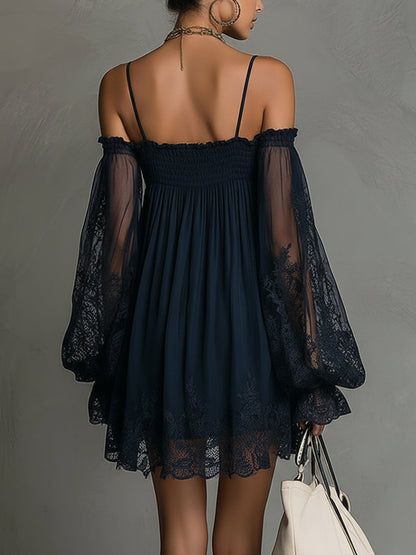 Carmen | Vestido Mini de Chiffon Azul Marino con Hombros Descubiertos