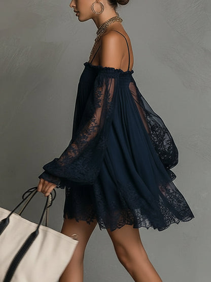 Carmen | Vestido Mini de Chiffon Azul Marino con Hombros Descubiertos