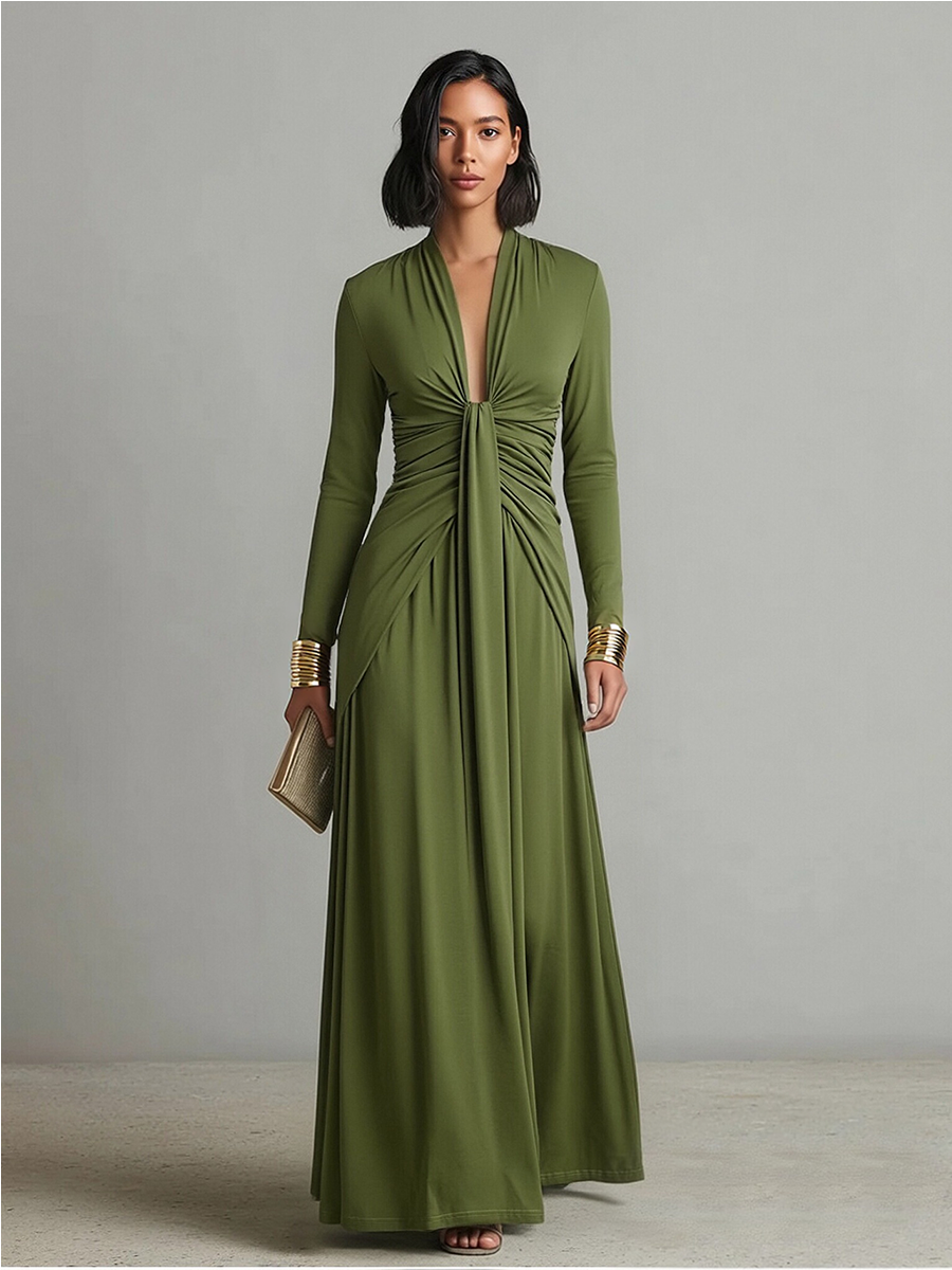 Isabella | Vestido largo verde oliva de seda