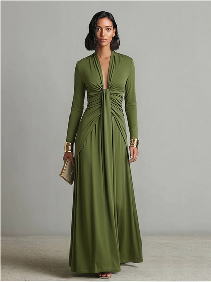 Isabella | Vestido largo verde oliva de seda