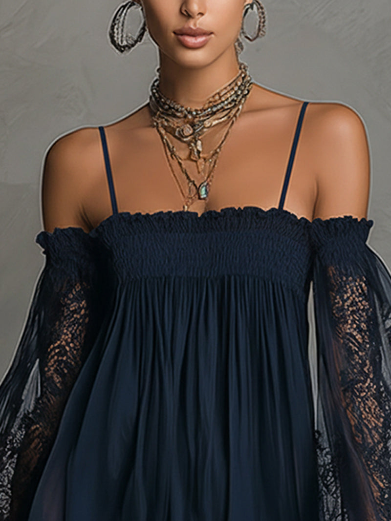 Carmen | Vestido Mini de Chiffon Azul Marino con Hombros Descubiertos