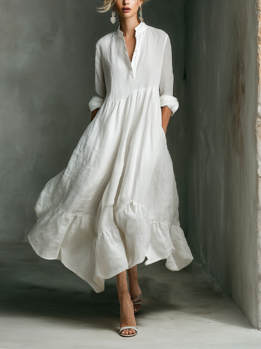 Lucía | Vestido Maxi Blanco con Mangas Largas y Volantes