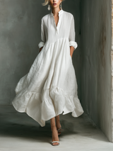 Lucía | Vestido Maxi Blanco con Mangas Largas y Volantes