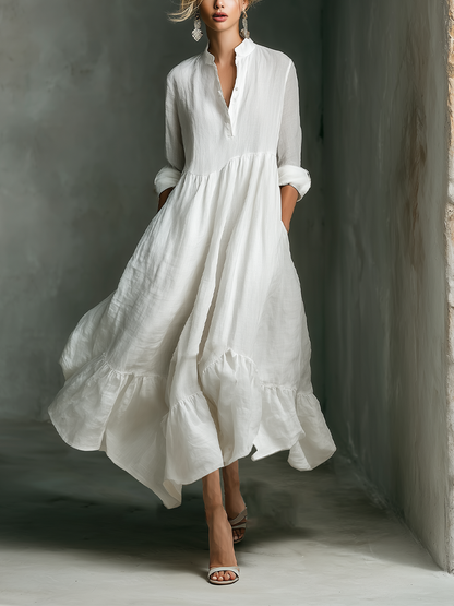 Lucía | Vestido Maxi Blanco con Mangas Largas y Volantes