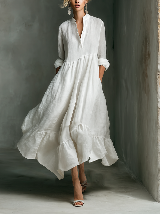 Lucía | Vestido Maxi Blanco con Mangas Largas y Volantes