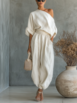 Alba | Conjunto de lino blanco roto con top