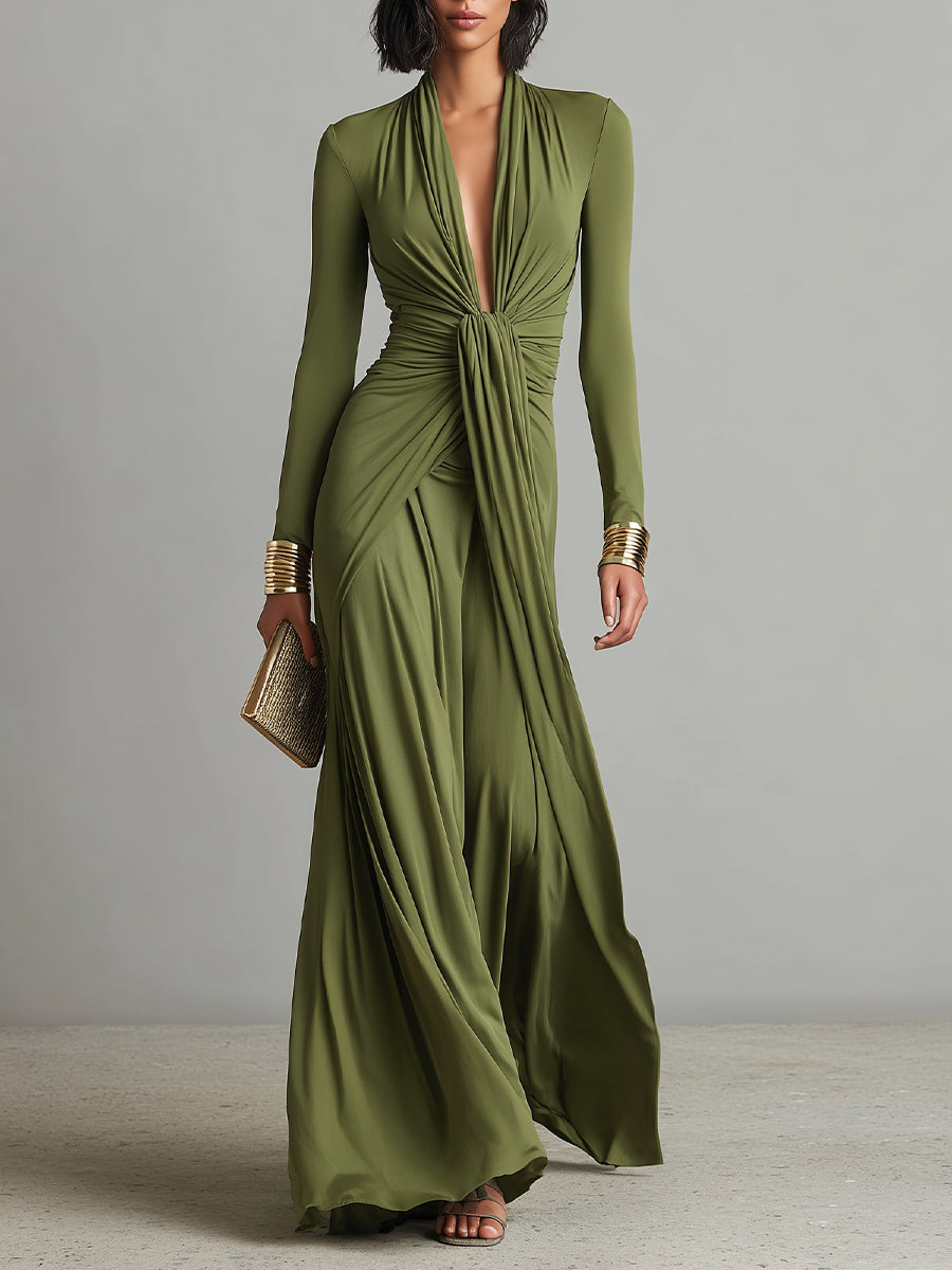 Isabella | Vestido largo verde oliva de seda