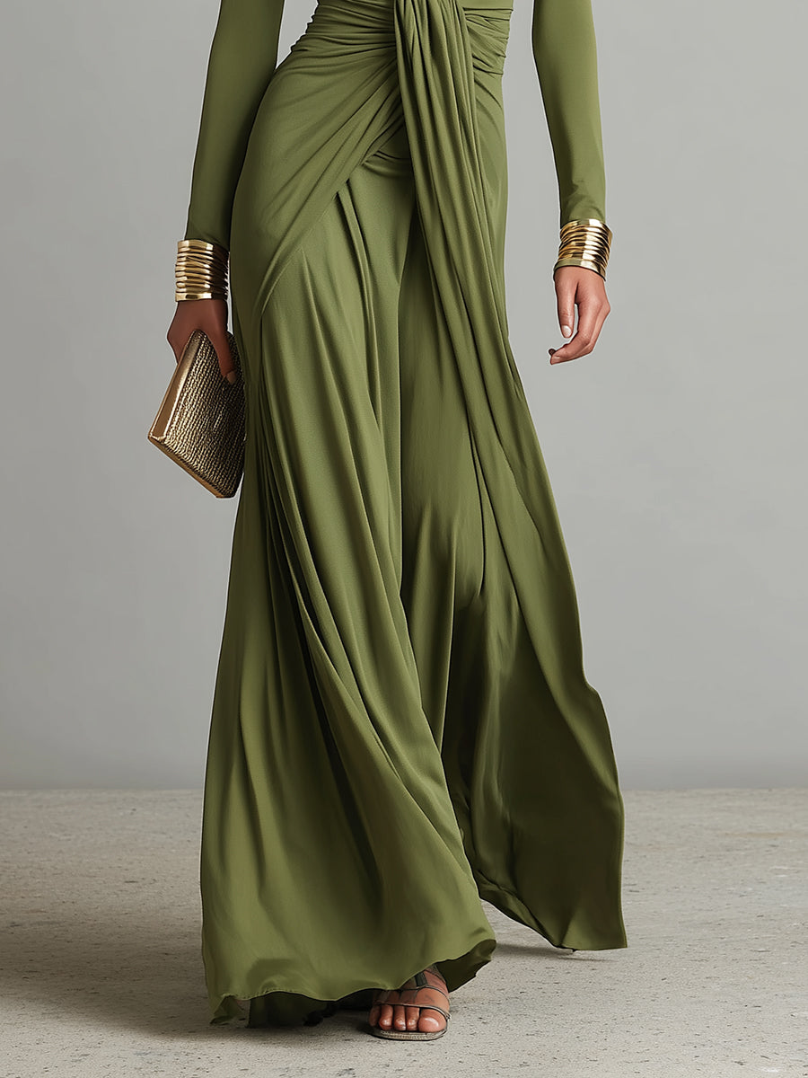 Isabella | Vestido largo verde oliva de seda