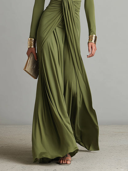 Isabella | Vestido largo verde oliva de seda