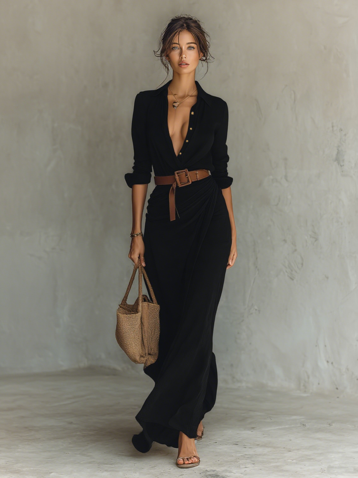 Lucía| Vestido Maxi Largo con Cuello de Solapa y Manga Larga para Mujer