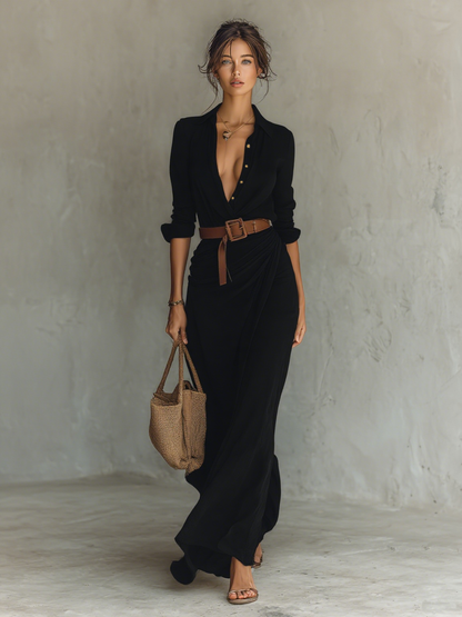 Lucía| Vestido Maxi Largo con Cuello de Solapa y Manga Larga para Mujer
