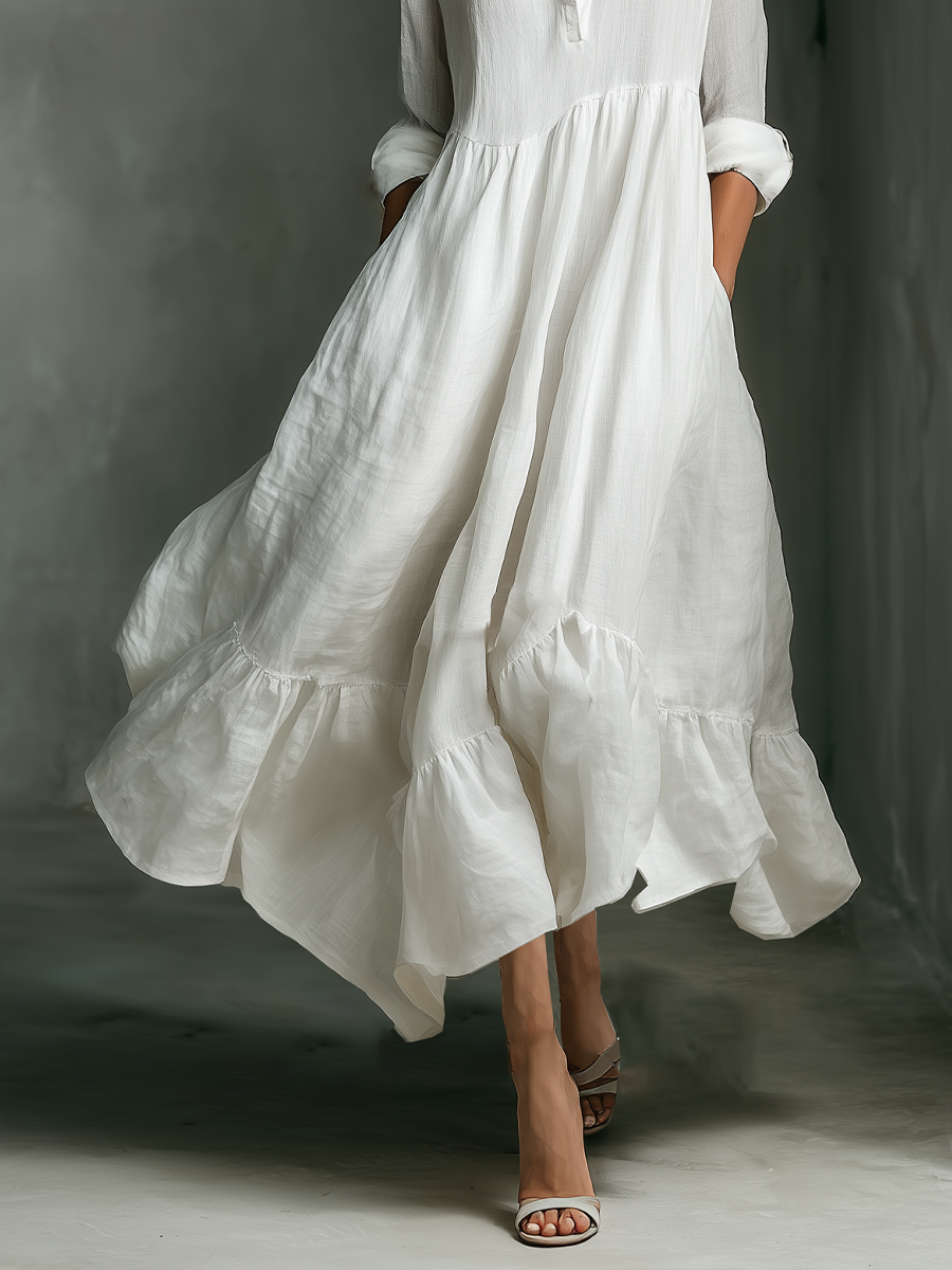 Lucía | Vestido Maxi Blanco con Mangas Largas y Volantes