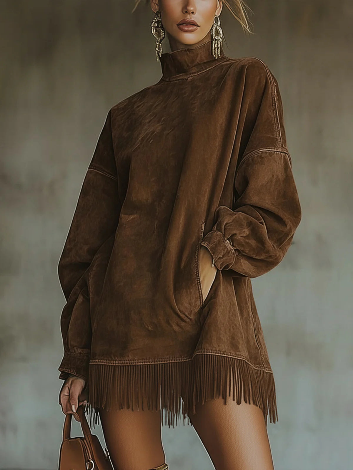 Estrella | Vestido de ante con cuello alto y flecos