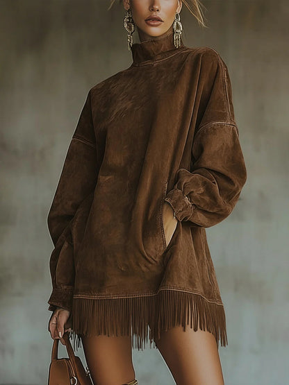 Estrella | Vestido de ante con cuello alto y flecos