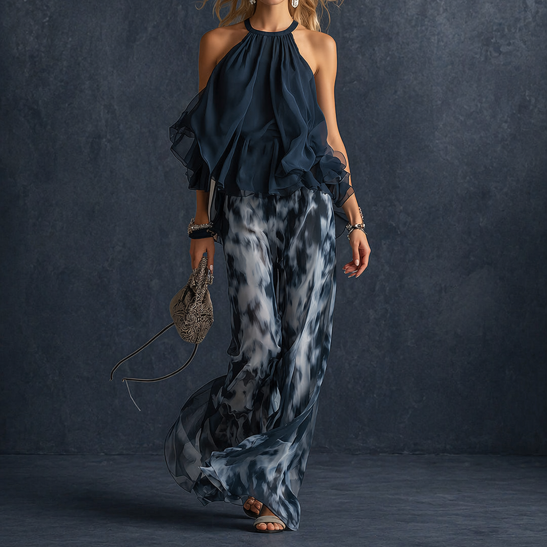 Lucía - elegante conjunto de chiffon con top de cuello alto y pantalón ancho estampado