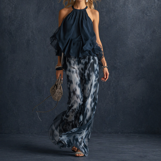 Lucía - elegante conjunto de chiffon con top de cuello alto y pantalón ancho estampado