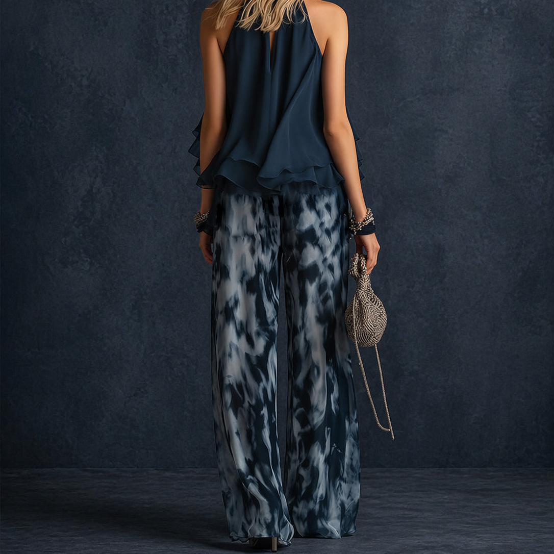 Lucía - elegante conjunto de chiffon con top de cuello alto y pantalón ancho estampado