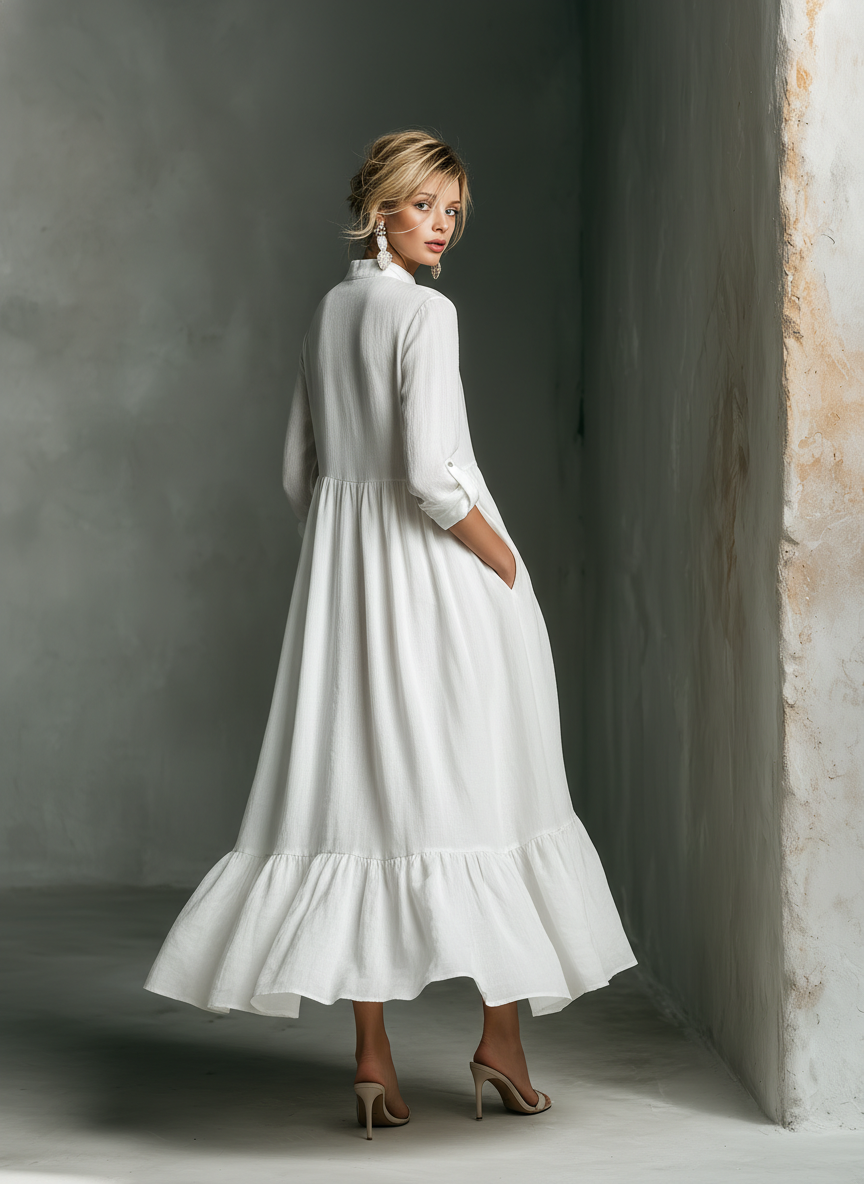 Lucía | Vestido Maxi Blanco con Mangas Largas y Volantes