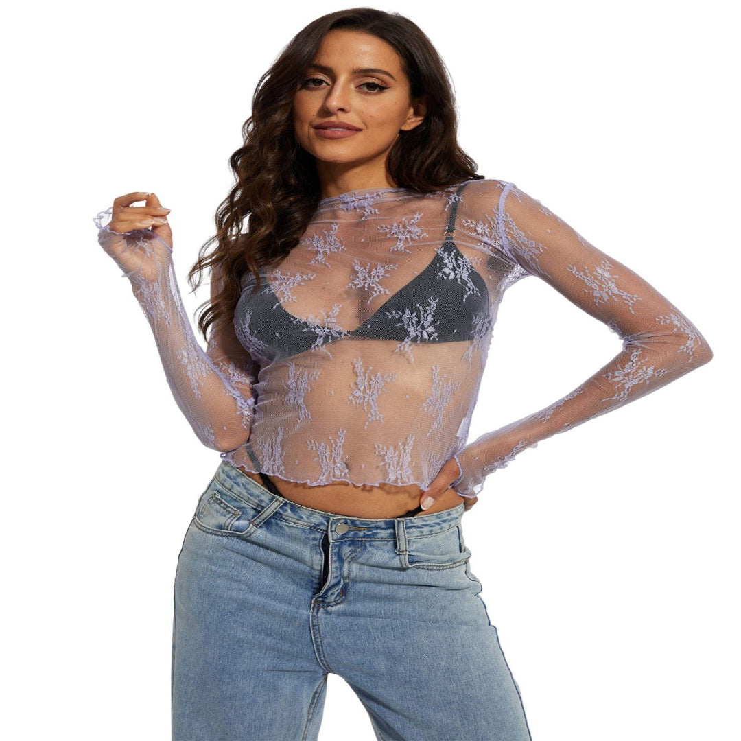 Aurora | Blusa de encaje y malla transparente de manga larga