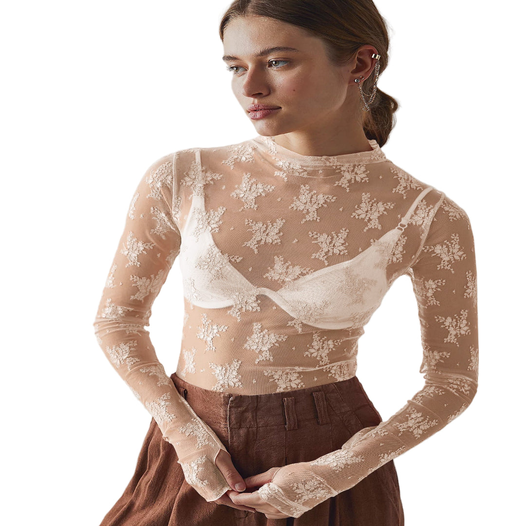 Aurora | Blusa de encaje y malla transparente de manga larga