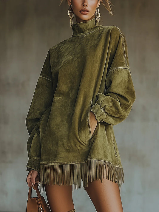 Estrella | Vestido de ante con cuello alto y flecos