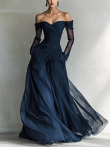 Marta | Vestido Largo con Hombros Descubiertos y Detalles en Malla