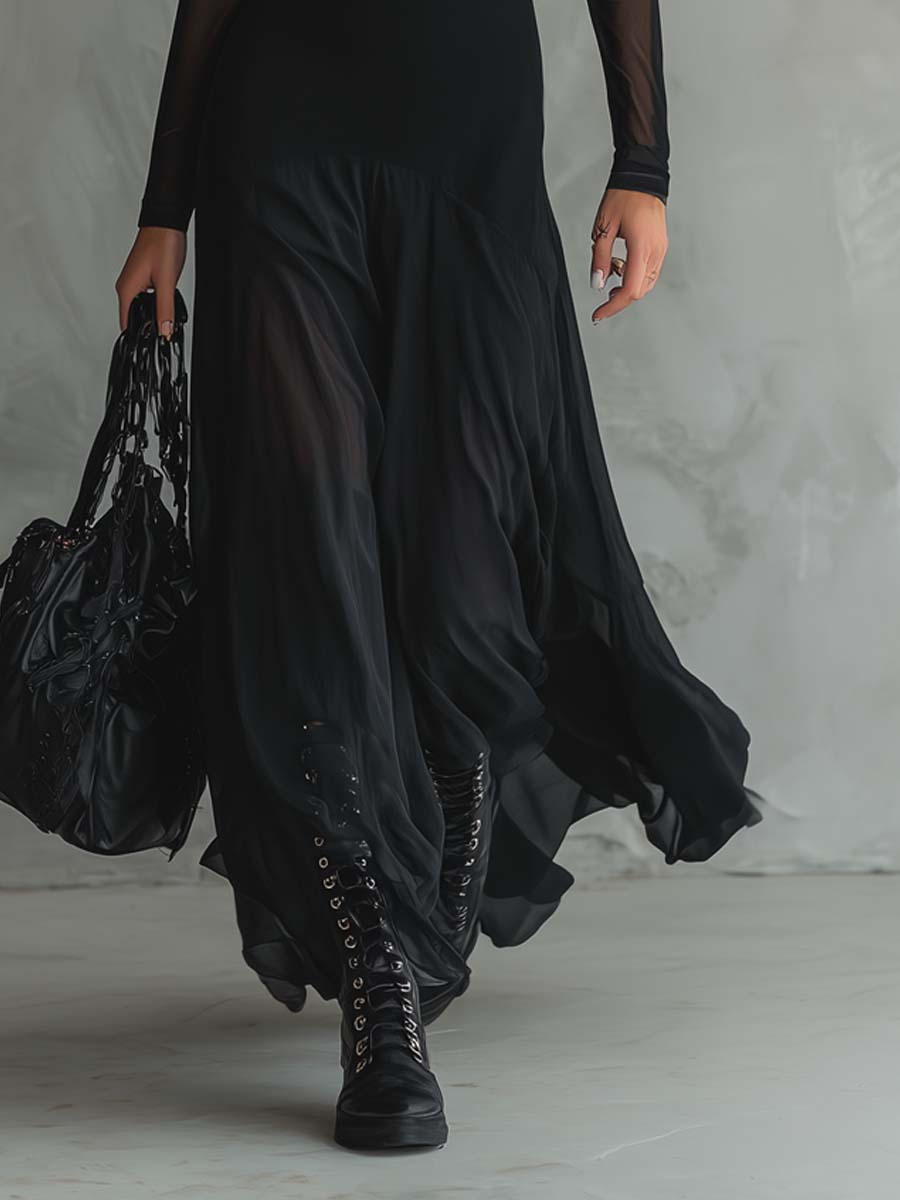 Camila | Vestido maxi de tul negro de corte holgado