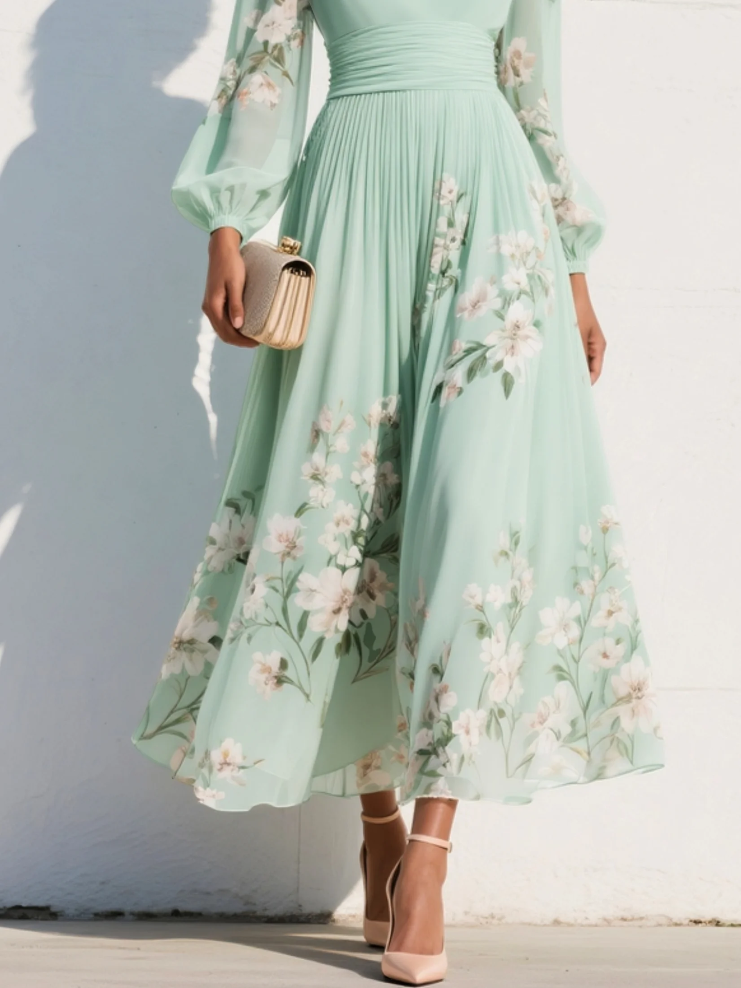 Valentina | Vestido Maxi Plisado en Chiffon Verde Menta con Estampado Floral