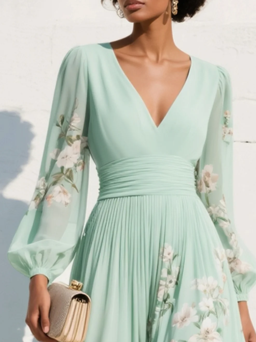 Valentina | Vestido Maxi Plisado en Chiffon Verde Menta con Estampado Floral