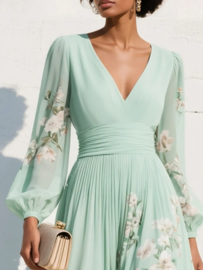Valentina | Vestido Maxi Plisado en Chiffon Verde Menta con Estampado Floral