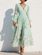 Valentina | Vestido Maxi Plisado en Chiffon Verde Menta con Estampado Floral