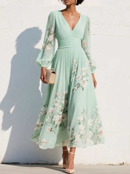 Valentina | Vestido Maxi Plisado en Chiffon Verde Menta con Estampado Floral