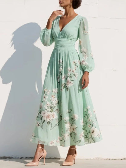Valentina | Vestido Maxi Plisado en Chiffon Verde Menta con Estampado Floral