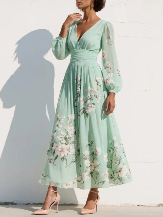 Valentina | Vestido Maxi Plisado en Chiffon Verde Menta con Estampado Floral