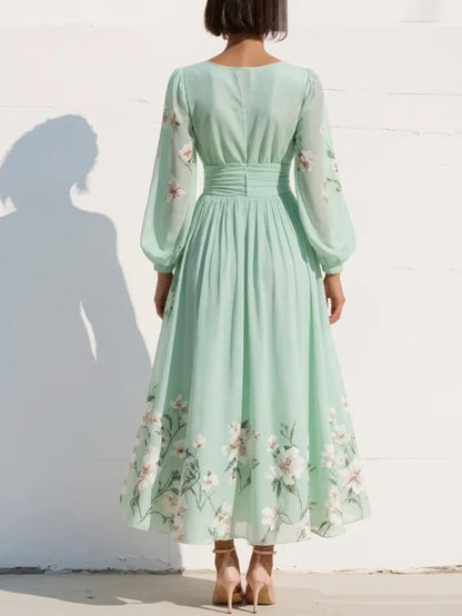 Valentina | Vestido Maxi Plisado en Chiffon Verde Menta con Estampado Floral