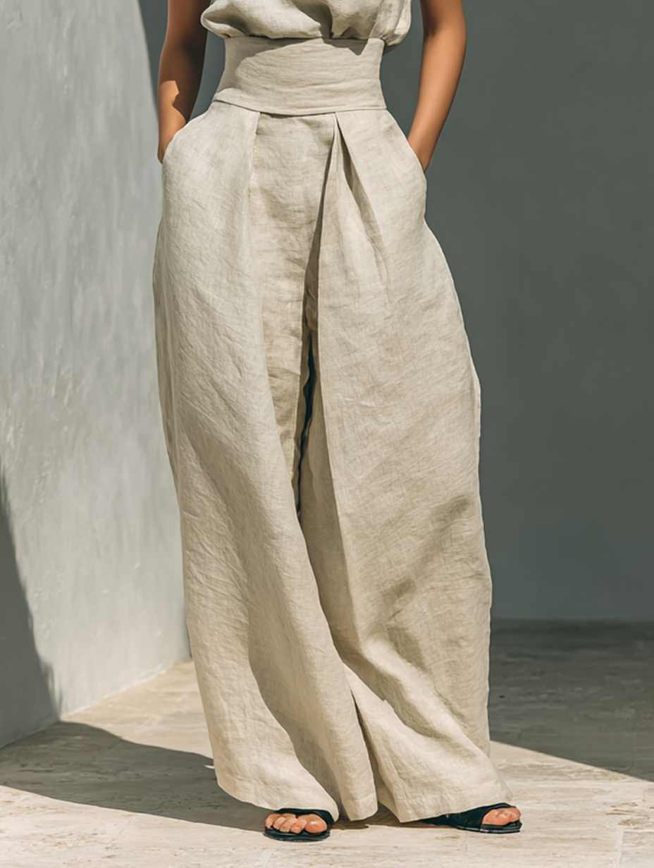 Aitana | Conjunto Beige de Dos Piezas con Top sin Mangas y Pantalón