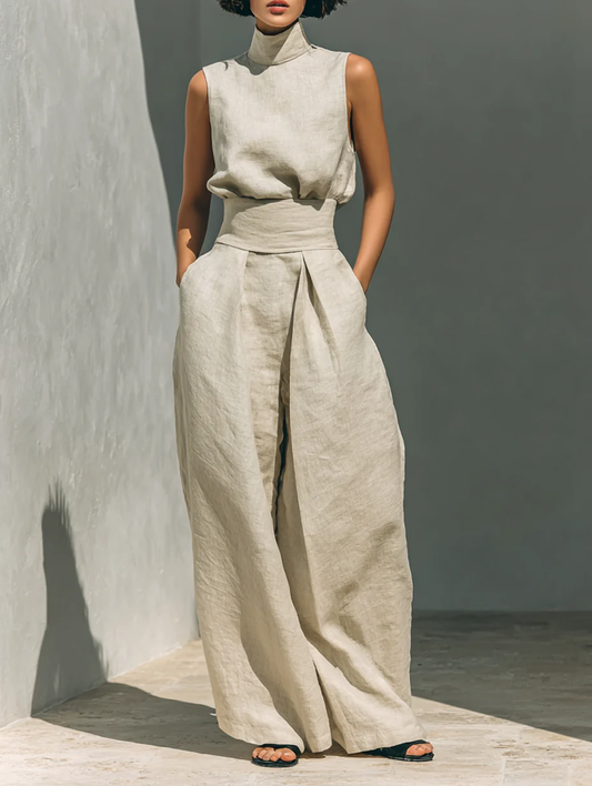 Aitana | Conjunto Beige de Dos Piezas con Top sin Mangas y Pantalón