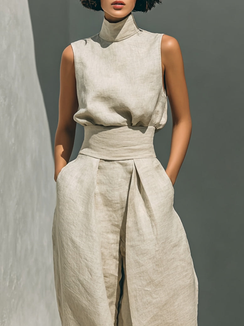 Aitana | Conjunto Beige de Dos Piezas con Top sin Mangas y Pantalón