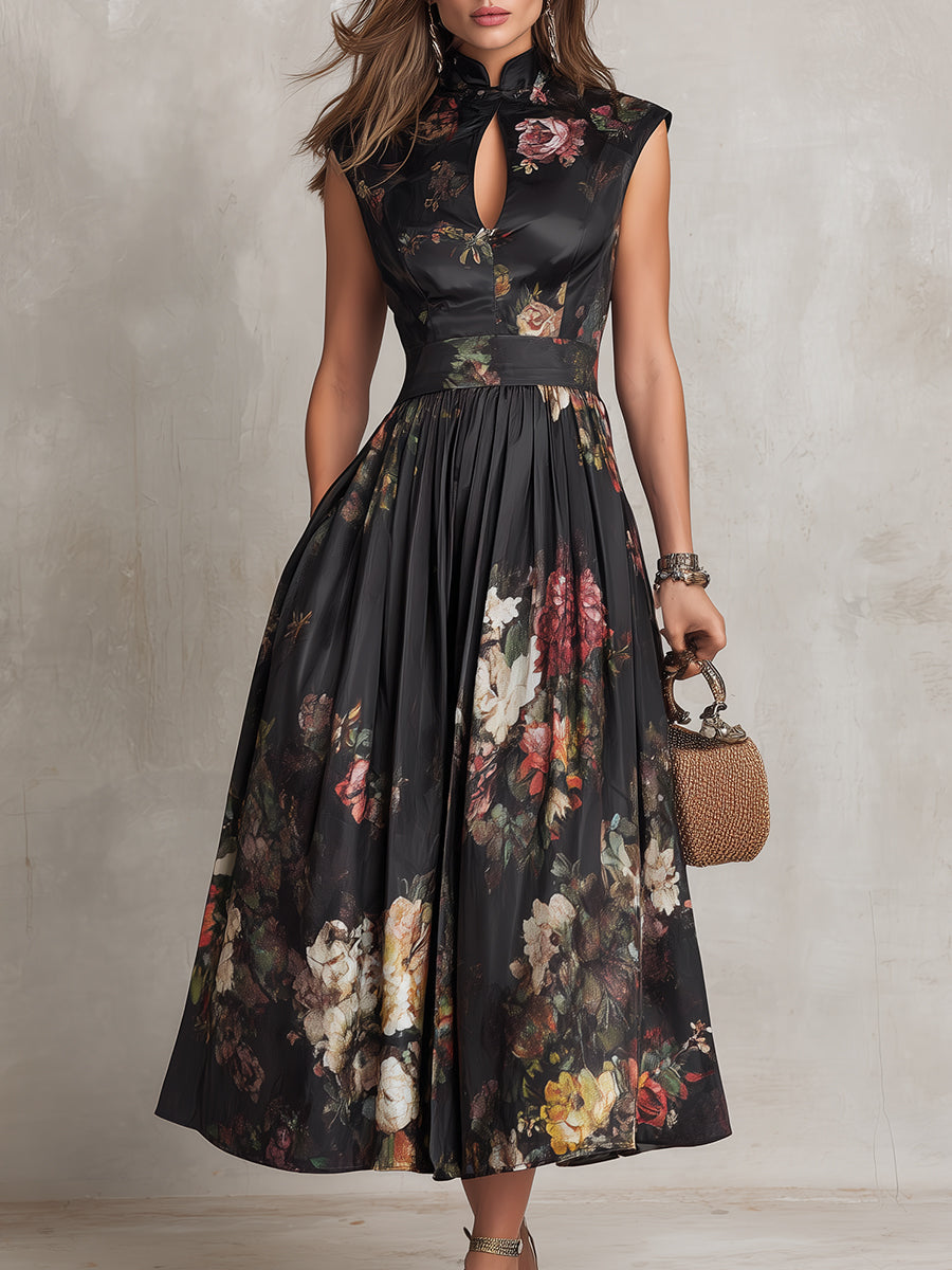 Isabella | Vestido Midi Plisado en Seda Negra con Estampado Floral y Cuello Alto