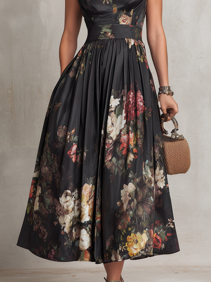 Isabella | Vestido Midi Plisado en Seda Negra con Estampado Floral y Cuello Alto