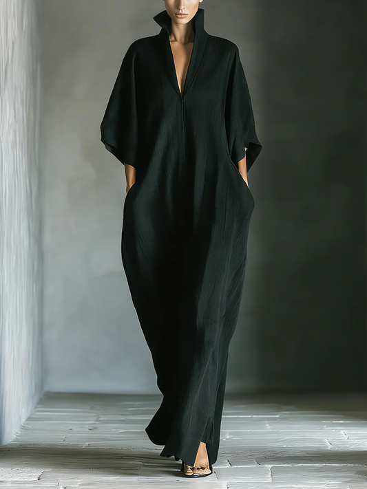 Claudia | Vestido Largo Negro Oversize Minimalista con Mangas Kimono
