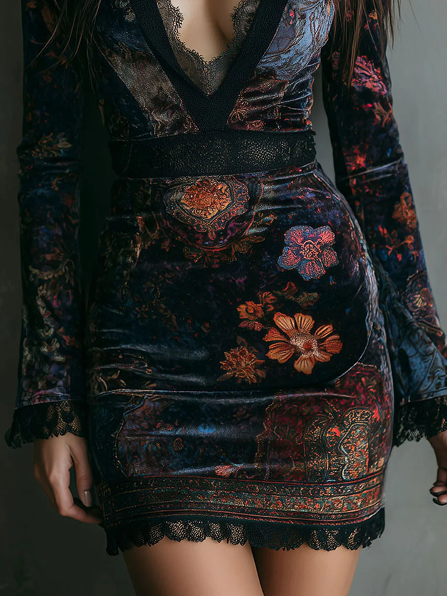 Celia ❘ Mini vestido floral de terciopelo con encaje