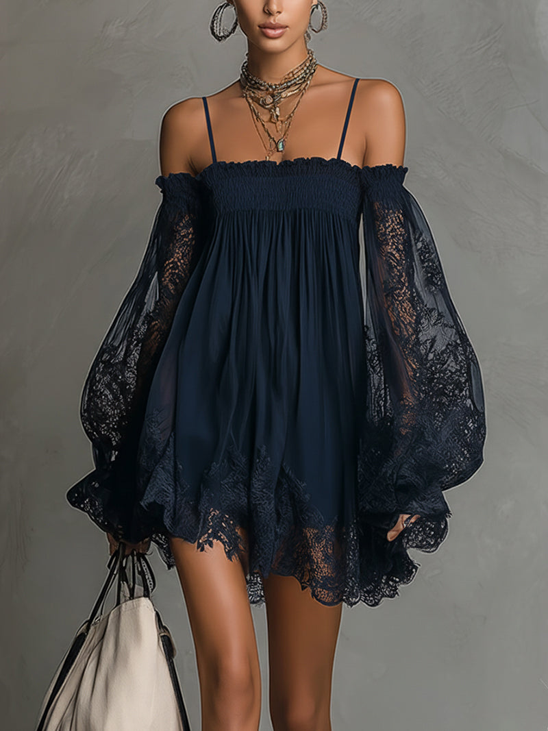 Carmen | Vestido Mini de Chiffon Azul Marino con Hombros Descubiertos