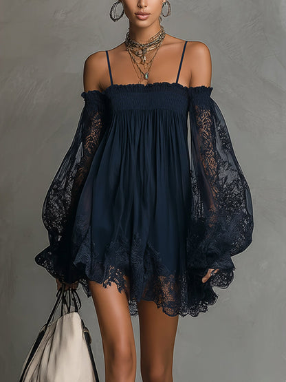 Carmen | Vestido Mini de Chiffon Azul Marino con Hombros Descubiertos