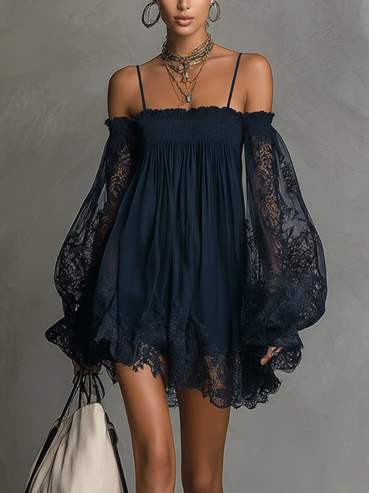 Carmen | Vestido Mini de Chiffon Azul Marino con Hombros Descubiertos