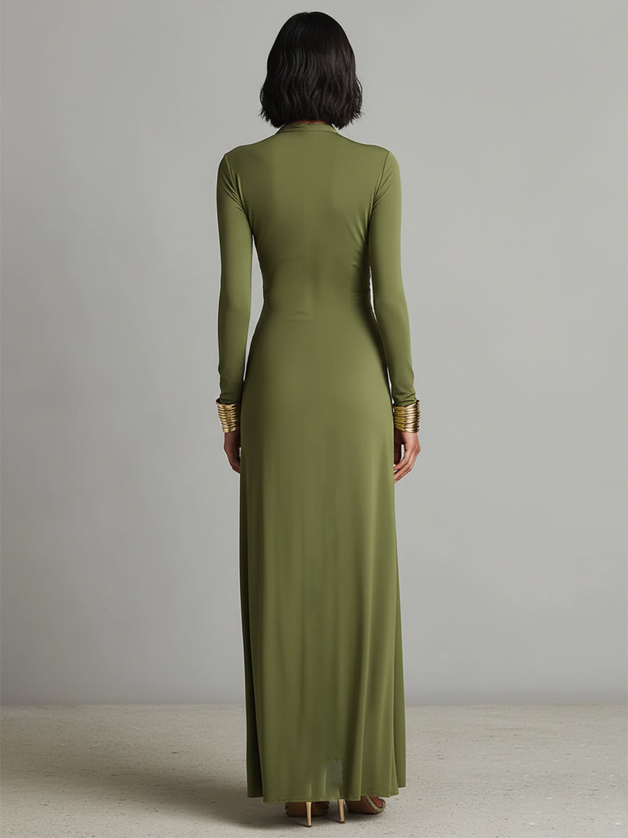 Isabella | Vestido largo verde oliva de seda