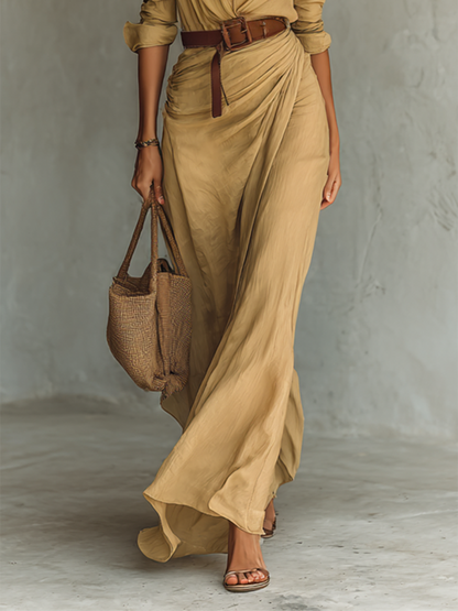 Lucía| Vestido Maxi Largo con Cuello de Solapa y Manga Larga para Mujer